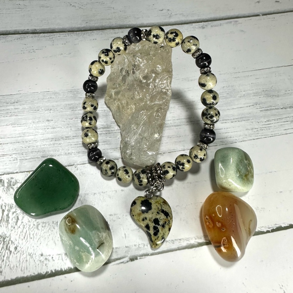 Dalmatian Jasper & Black Cat Bracelet with Dalmatian Jasper Heart Charm